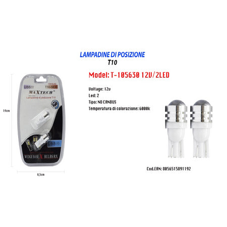 Lampadine Di Posizione T10 Maxtech T-105630 12v 2led Lampadine Ultra Luminose 6000k