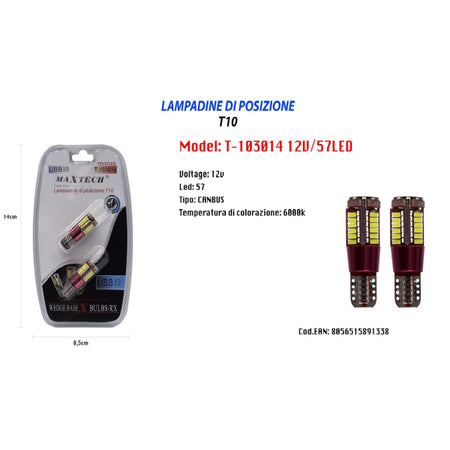Lampadine Posizione Canbus T10 12v 57led 6000k Ultra Luminose Maxtech T-103014