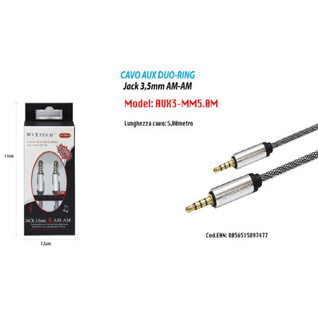 Maxtech Cavo Audio Aux Duo-ring Jack 3.5mm Am-am 5mt Per Smartphone Aux3-mm5.0m