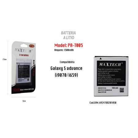 Maxtech Pa-t005 Batteria Li-ion 1500mah Compatibile Samsung Galaxy S Advance
