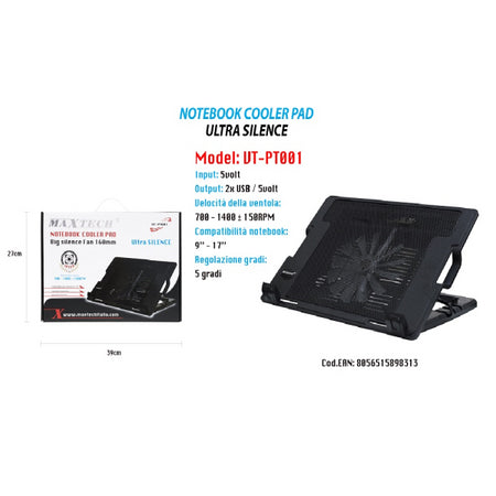 Maxtech Supporto Notebook Ventola Raffredda Pc Base Regolabile Pad Laptop Vt-pt001