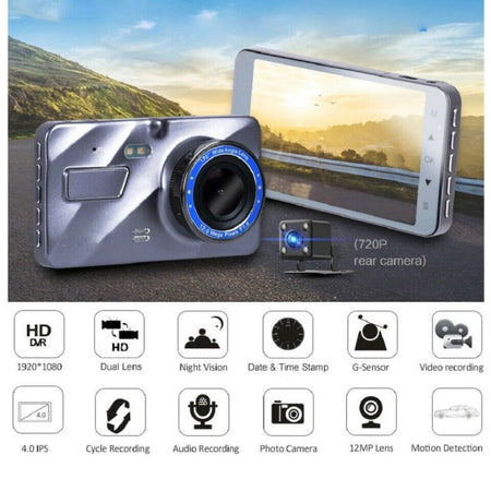 Mini Dvr Telecamera Videoregistratore Per Auto 2 Telecamere Super Hd Display 4"