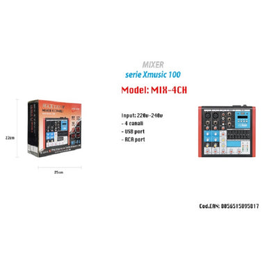 Mixer Audio 4ch Equalizzatore 2 Ingressi Mic Xlr Phantom Usb Mp3 Display Maxtech Mix-4ch