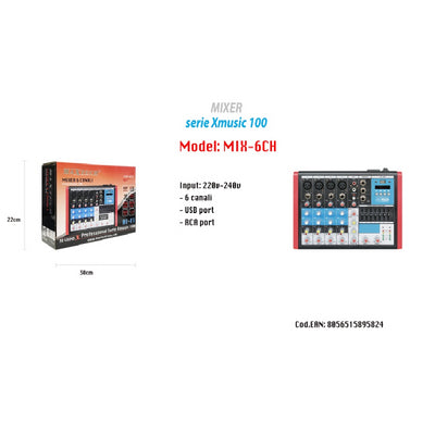 Mixer Audio 6ch Equalizzatore 4 Mic Xlr Phantom +48v Usb Mp3 Display Maxtech Mix-6ch