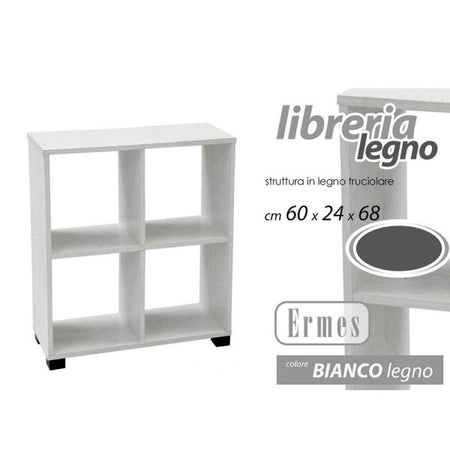 Mobile Libreria Ermes Scaffale Basso 4 Scomparti Legno Bianco