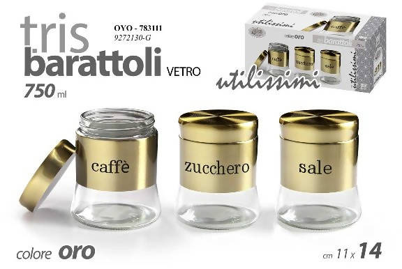 Set 3x Barattoli Da Cucina Tris Barattoli Da Cucina Utilissimi Caffe' Zucchero  Sale Vaso in Vetro Con Coperchio per Condimenti Oro 750 Ml Made in Italy 