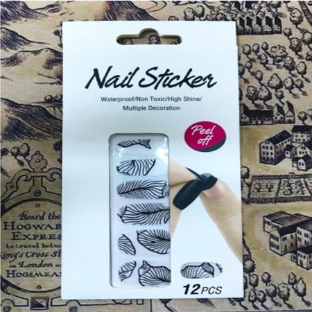 Nail Art Stickers Foglie Nero Argento Glitter 12 Decorazioni Adesiva Peel Off