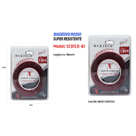 Nastro Biadesivo Rosso Super Resistente Adesivo 10mt Fissaggio Maxtech