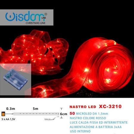 Nastro Luminoso Rosso 50microled Batteria Luce Calda Fissa+intermittente Xc-3210