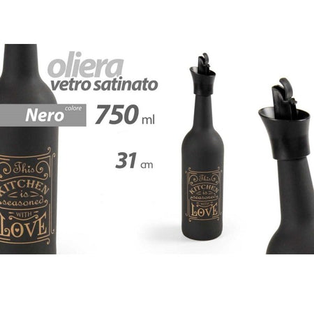 Oliera Bottiglia Vetro Satinato Nero Tappo Dosatore 750 Ml 31 Cm Decorata 833397