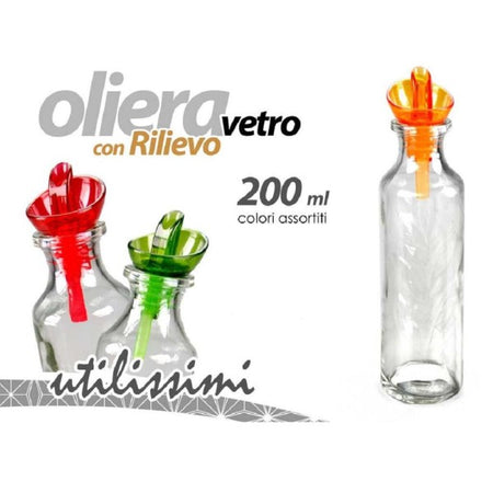 Oliera Decorata 200ml Bottiglietta Con Rilievo In Vetro Colori Assortiti 584350