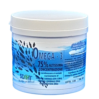 Scen Omega 3 - 2000mg. ad altissima concentrazione 75% da olio di pesce raffinato con 1500 mg Omega3- 400 mg. EPA + 1000 mg. DHA, 60 perle