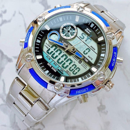 Orologio Polso Uomo Analogico Digitale Zcc Cronografo Multifunzione Silver Blu