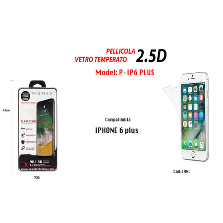 Pellicola In Vetro Temperato Iphone 6 Plus Protezione Schermo Maxtech P-ip6 Plus