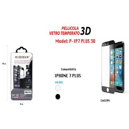Pellicola Vetro Temperato 3d Compatibile Per Iphone 7 Plus Protezione Maxtech P-ip7 Plus 3d