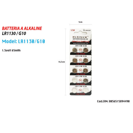 Pile Alkaline Lr1130/g10 1.5v Batterie Bottone 65mah Telecomandi Orologi Maxtech