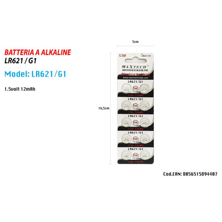 Pile Alkaline Lr621/g1 1.5v 12mah Batterie Bottone Telecomandi Orologi Maxtech