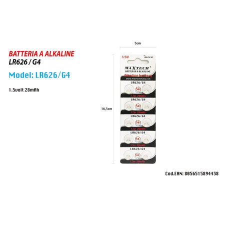 Pile Batteria Alkaline Lr626/g4 1.5v 28mah A Bottone Orologi Telecomandi Maxtech