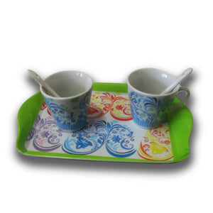 5 pezzi Set set caffè da 2 persone in ceramica dipinta con vassoio tazzine e cucchiaini in ceramica azzurro/fuxia casalinghi L'Orchidea - Siderno, Commerciovirtuoso.it