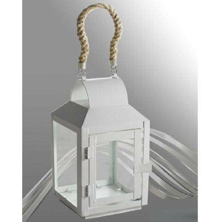 Porta Candela Lumino Lanterna In Vetro Metallo Bianco Con Manico In Corda 42263