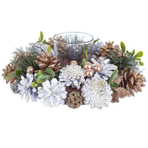 Porta Candela Martha 1 posto con pigne color Bianco e Oro decorazione Natalizia per interno Casa e cucina/Decorazioni per interni/Candele e portacandele/Candele/Candele a colonna MagiediNatale.it - Altamura, Commerciovirtuoso.it