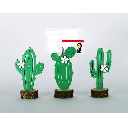 Portafoto Cactus Fiore 3pz Base Legno Decorazione Segnaposto Segnatavolo Bomboniera