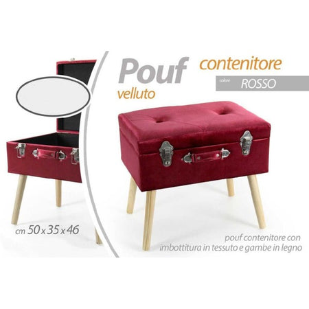 Pouf Pouff Contenitore H46x50x35cm Tessuto Rosso Imbottito Piedi In Legno 756795