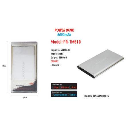 Power Bank Portatile 6000mah Per Smartphone Cellulare Tablet Maxtech Pa-tm010