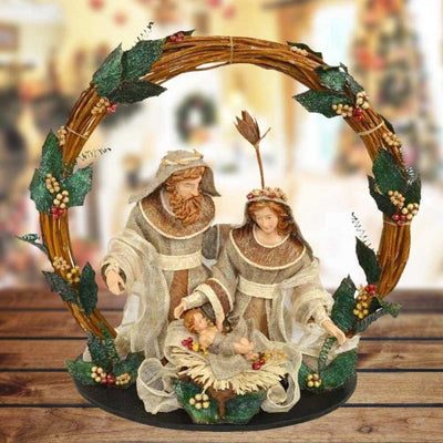 Presepe Nativita' Con Corona Legno Agrifoglio Altezza 49cm Decorazioni Natalizie