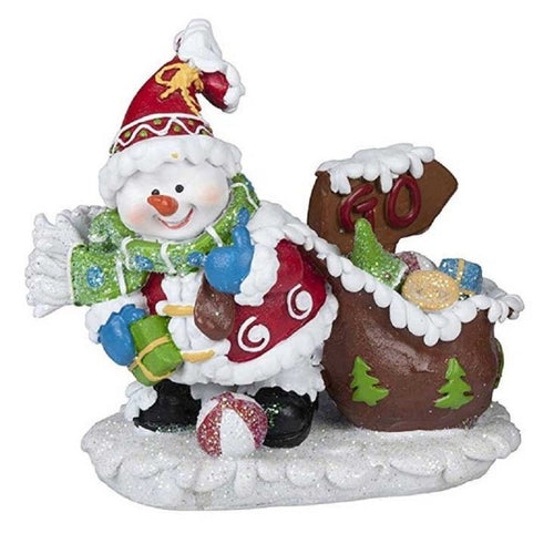 Pupazzo Di Neve Con Sacco Scena Natalizia 12cm In Poliresina Modello Casuale