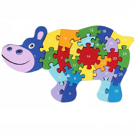 Puzzle Legno Ippopotamo Educativo Lettere Numeri Bambini Imparare