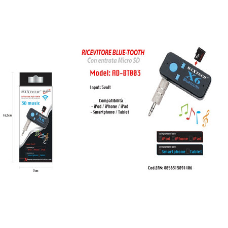 Ricevitore Bluetooth Adattatore Audio Portatile Microfono Incorporato Maxtech Ad-bt003
