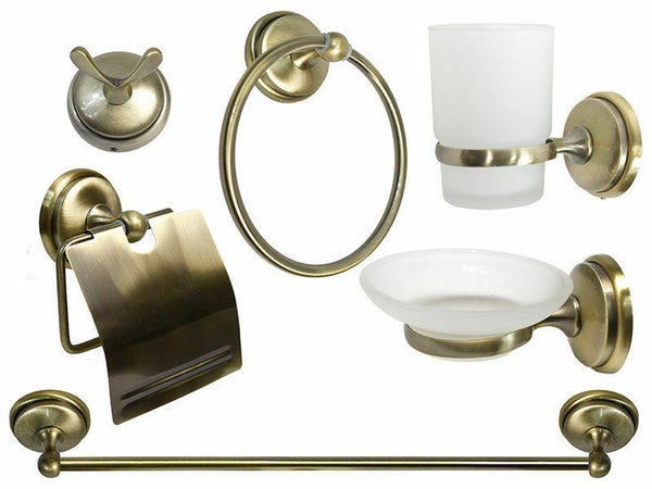 Set da bagno 6 pz metallo oro satinato e vetro porta asciugamano saponetta