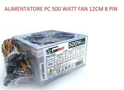 ALIMENTATORE 500W PC CASE COMPUTER ATX FISSO VENTOLA 12CM 500W DESKTOP, TRUSTECH