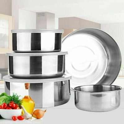 Set 5 Ciotole da Cucina in Acciaio Inox Coperchio Cibo