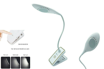 Lampada led con pinza orientabile 3 livelli di luce tasto touch usb e batteria