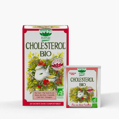 2 scatole di 20 bustine di infusi biologici per colestorolo con Tè verde, Tè nero Pu Erh, Olmaria, Cannella, Caffè verde, Fieno greco