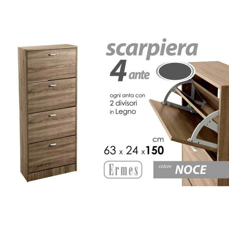 Scarpiera 4 Ante Doppia Salvaspazio Slim Legno Moderna Noce H 150x63x24cm 827648