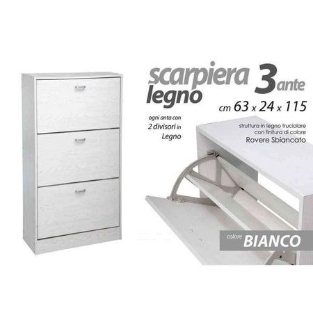 Scarpiera Legno 3 Ante Bianco Legno 63 X 24 X 115 Cm 715617 Scarpe