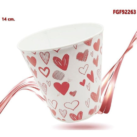 Secchiello Decorativo In Latta Con Cuori Rosso Bianco 14cm San Valentino 92263
