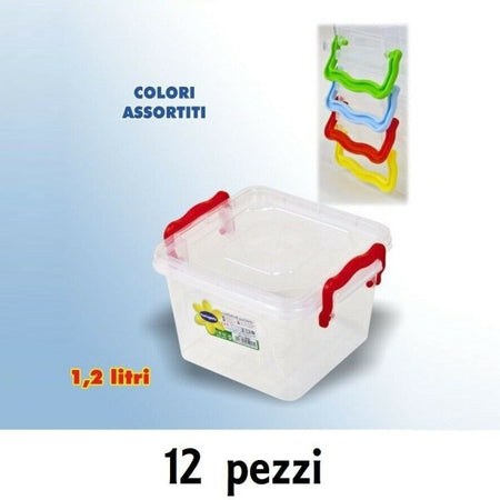 Set 12 Contenitori Plastica 1200ml Cibo Alimenti Frigorifero Quadrati Manici