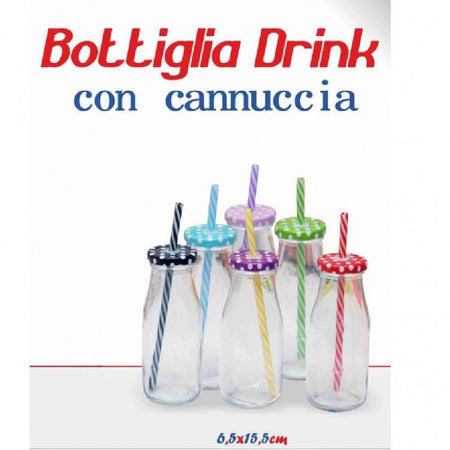 Set 2 Pezzi Bottiglia Con Tappo Colorato Fantasia Bambini Cannuccia Bibite Drink
