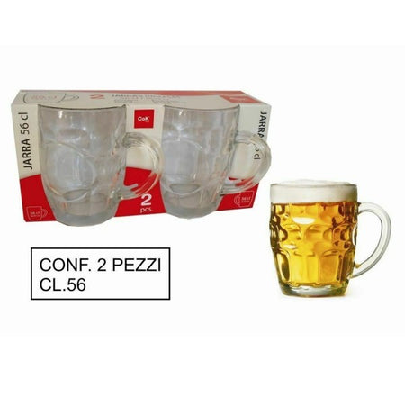 Set 2 Pezzi Brocca Bicchieri Boccali Birra In Vetro Classico 56 Cl Con Manico
