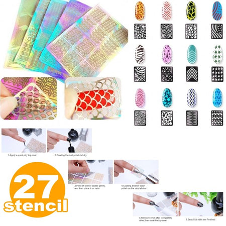 Set 27 Stencil Stampino Disegni Unghie Adesivi Nail Art Manicure Decorazione