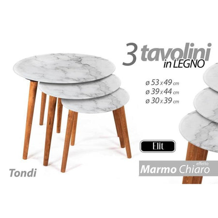 Set 3 Tavolini Effetto Marmo Piedi Legno Salotto Moderno Tondi Ø53-39-30cm 839429