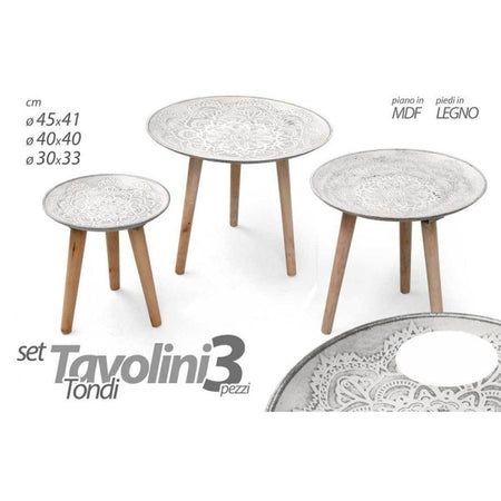 Set 3 Tavolini Piedi In Legno Salotto Giardino Decorati Ø45-40-30cm Tondi 783951