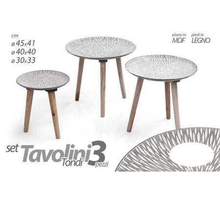 Set 3 Tavolini Tavolo Mdf Piedi Legno Salotto Giardino Ø45-40-30cm Tondi 783944