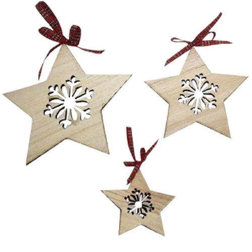 Set 3pz Appendini Forma Stella In Legno Varie Misure Decorazioni Natalizie