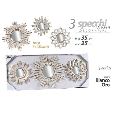 Set 3pz Specchi Da Parete Decorativi Bianco Oro 25/35cm Specchio Plastica 823923