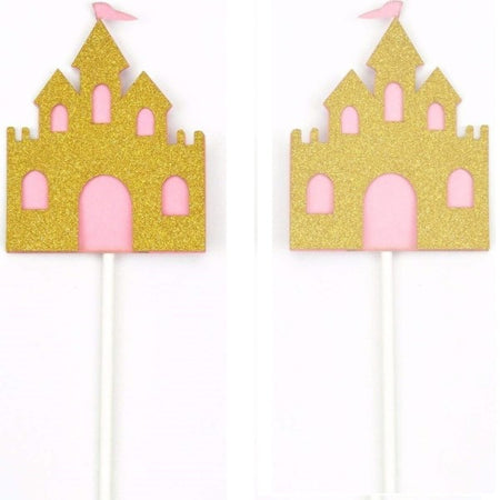 Set 12 Pezzi Stuzzicadenti Castello Glitter Cupcake Oro Rosa Brillantinato Festa